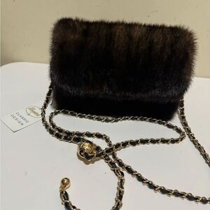 Elegant Black Fur Clutch with Chain Strap